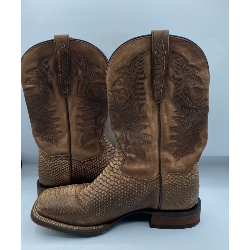 Dan Post Boots Mens 10 D KA Python Print Brown Leather Western Square Toe Cowboy